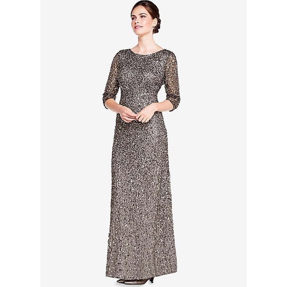 NWT Adrianna Papell Grey Silver Three-Quarter Sleeve Beaded Mermaid Gown - Picture 1 of 14